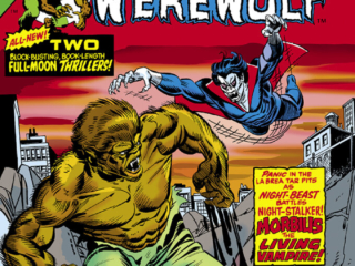 Giant-Size Werewolf #4 cover; pencils, Gil Kane; inks, uncredited; Jack Russell by Night, Full-Moon Thrillers, La Brea Tar Pits, Night-beast battles night-stalker, Morbius the Living Vampire