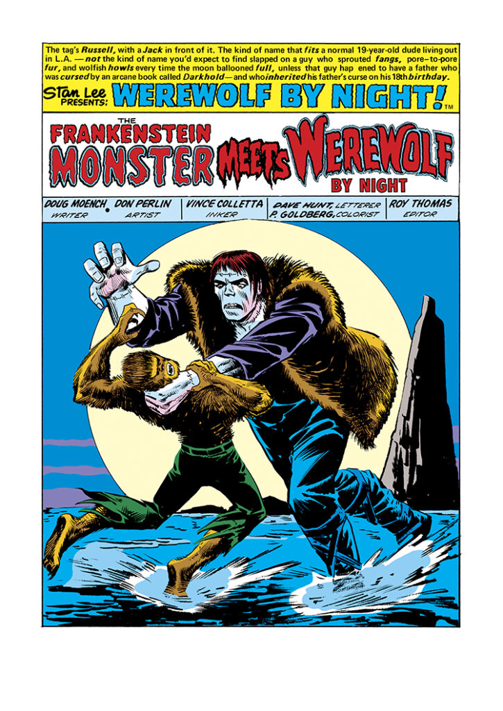 Giant-Size Werewolf #2, pg. 1; pencils, Don Perlin; inks, Vince Colletta; Frankenstein Monster Meets Werewolf by Night, Jack Russell, Doug Moench, splash page