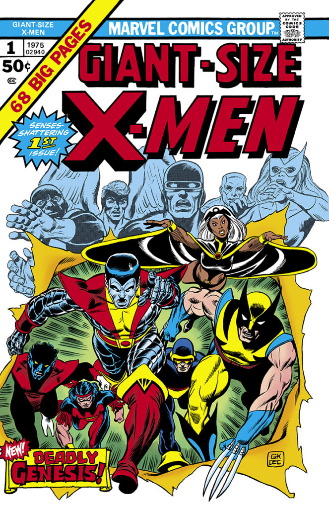 Giant-Size X-Men #1 cover; pencils, Gil Kane, Dave Cockrum; inks, Dave Cockrum; Uncanny X-Men, All-New All-Different, first appearance, Thunderbird, John Proudstar, Nightcrawler, Kurt Wagner, Storm, Ororo Munroe, Wolverine, Logan, Cyclops, Colossus, Peter Rasputin, senses-shattering 1st issue, Deadly Genesis