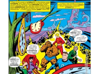 Giant-Size Fantastic Four #2, pg. 21; layouts, John Buscema; pencils and inks, Chic Stone; Medusa, Inhumans, Salvador Dali, Persistence of Memory homage, psychedelic clocks melting, time,, Willie Lumpkin, Time Enough for Death