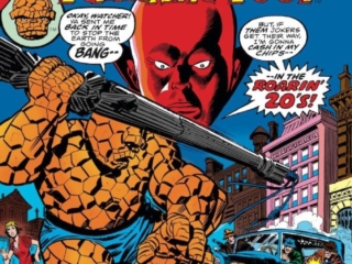 Giant-Size Fantastic Four #2 cover; pencils, Gil Kane; inks, Joe Sinnott; alterations, John Romita Sr.; Uatu the Watcher, Thing, The Roaring 20s, gangsters, mob, Time to Kill