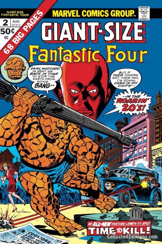 Giant-Size Fantastic Four #2 cover; pencils, Gil Kane; inks, Joe Sinnott; alterations, John Romita Sr.; Uatu the Watcher, Thing, The Roaring 20s, gangsters, mob, Time to Kill