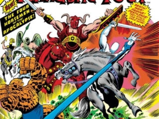 Giant-Size Fantastic Four #3 cover; pencils, Rich Buckler; inks, Joe Sinnottv; The Four Horsemen of the Apocalypse, Medusa