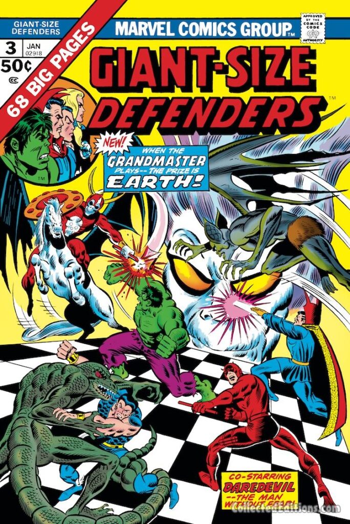 Giant-Size Defenders #3 cover; pencils, Ron Wilson; inks, Joe Sinnott; Daredevil, Namor/Sub-Mariner, Incredible Hulk, Grandmaster, chess board, demons