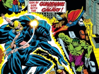 Giant-Size Defenders #5 cover; pencils, Ron Wilson; inks, Al Milgrom; Guardians of the Galaxy team-up, Yondu, Valkyrie