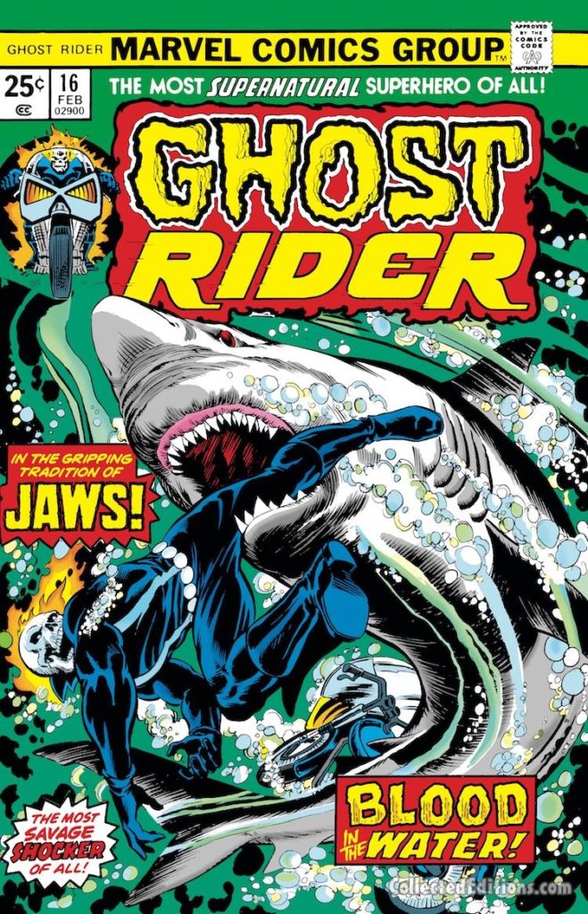 Ghost Rider #16 cover; pencils, Ed Hannigan; inks, Dave Cockrum; Jaws, Great White Shark