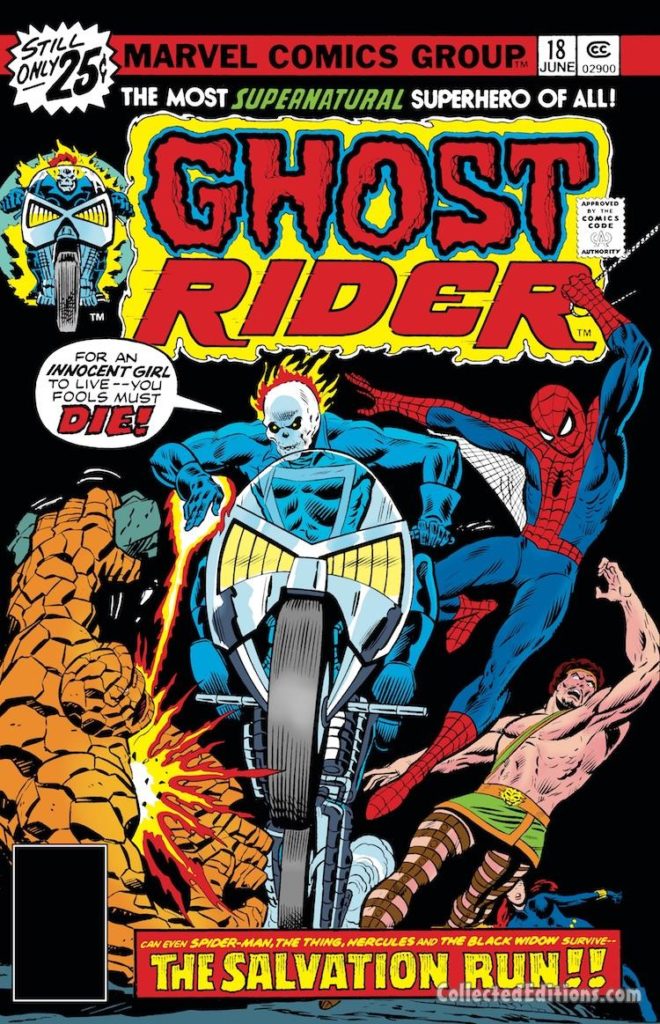 Ghost Rider #18 cover; pencils, Rich Buckler; Thing/Spider-Man/Hercules