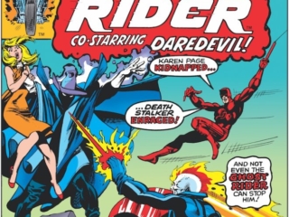 Ghost Rider #20 cover; pencils, Gil Kane; inks, Klaus Janson; Death-Stalker, Ghost Rider, Karen Page