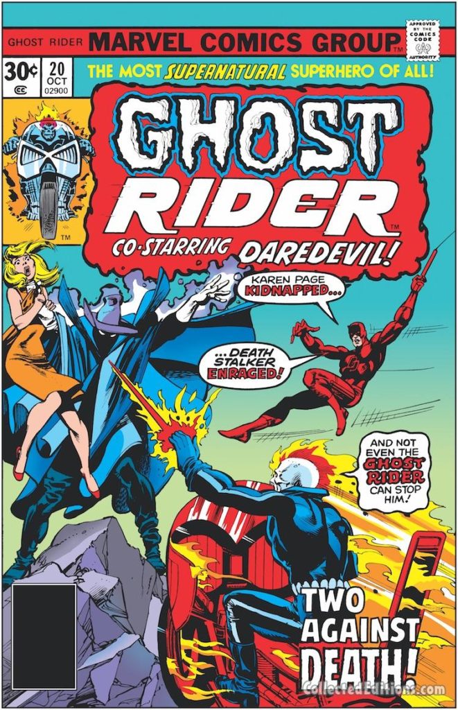 Ghost Rider #20 cover; pencils, Gil Kane; inks, Klaus Janson; Death-Stalker, Ghost Rider, Karen Page