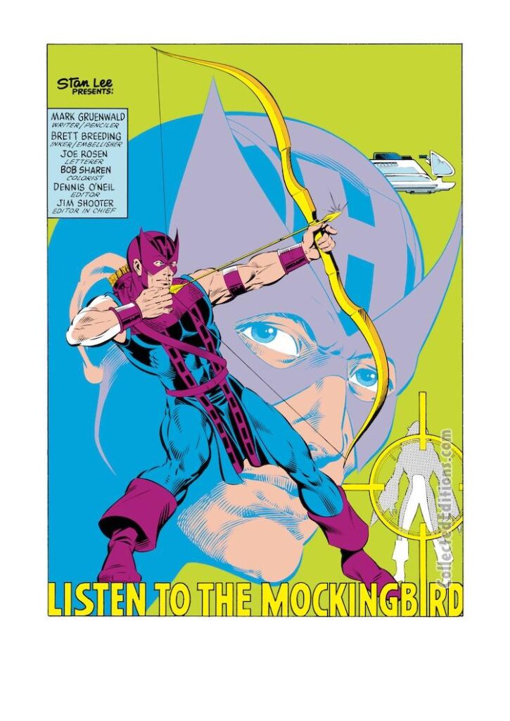 Hawkeye #1, pg. 1; pencils, Mark Gruenwald; inks, Bret Breeding; Listen to the Mockingbird, Clint Barton miniseries