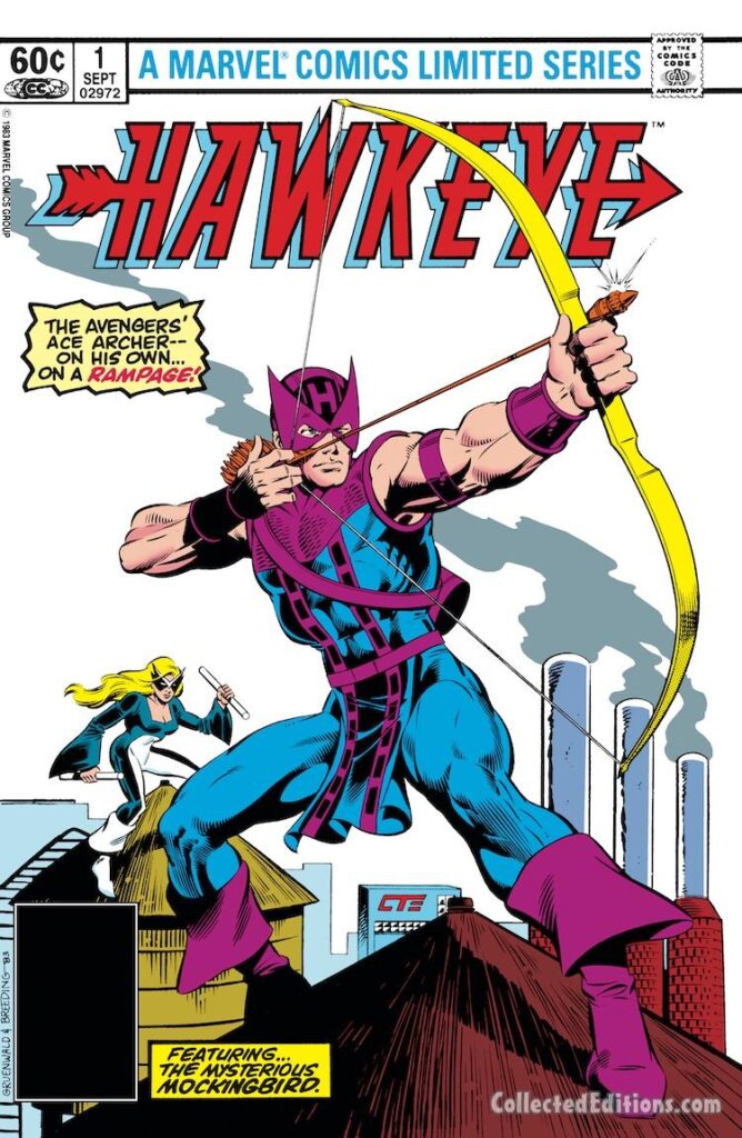 Hawkeye #1 cover; pencils, Mark Gruenwald; Bret Breeding; The Avengers Ace Archer on His Own, A Rampage, Bobbi Morse, the Mysterious Mockingbird
