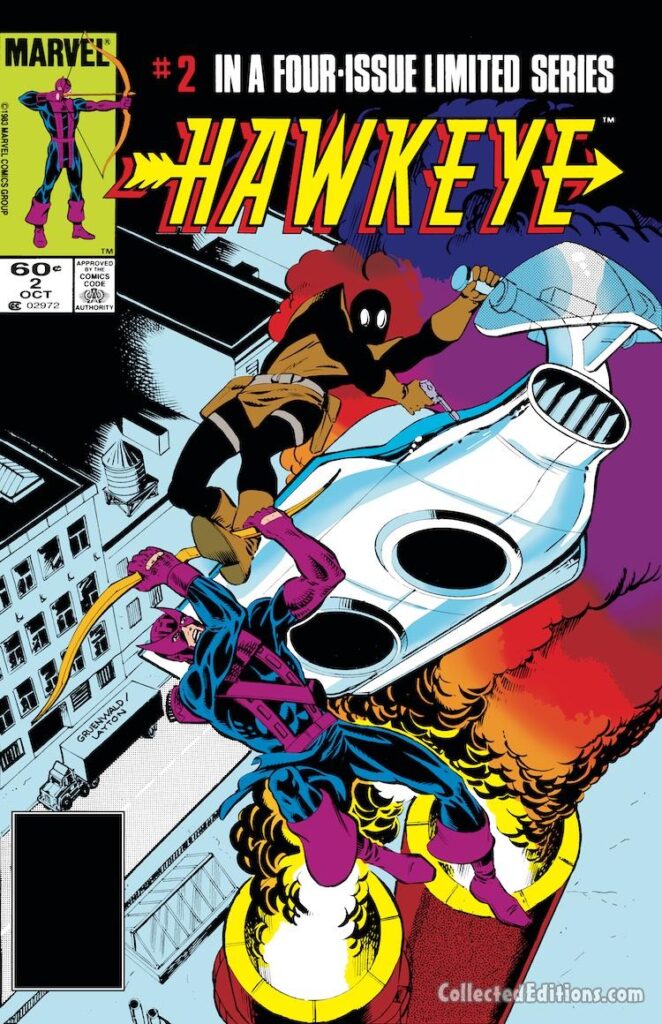 Hawkeye #2 cover; pencils, Mark Gruenwald; Silencer, Bob Layton; Limited Series,