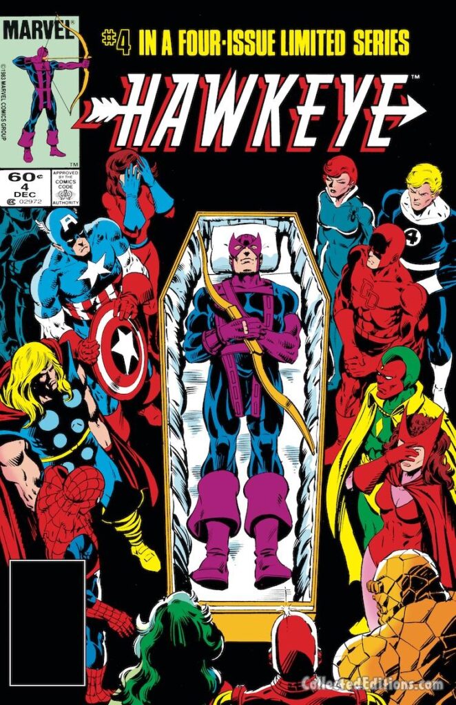 Hawkeye #3 cover; pencils, Mark Gruenwald; Bob Layton; casket, funeral, Vision, Scarlet Witch, Thing, Iron Man, She-Hulk, Thor, Spider-Man, Captain America, Black Panther, Wasp, Black Widow, Daredevil, Human Torch