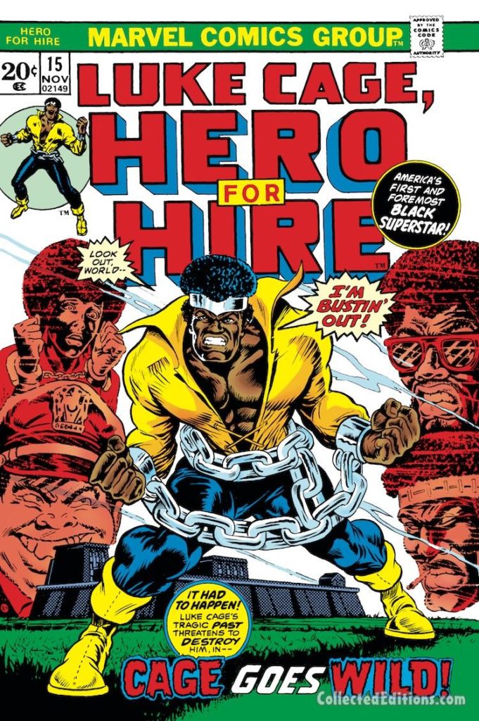 Hero For Hire #15 cover; pencils and inks, Billy Graham; Luke Cage, Marvel Blaxploitation, Bronze Age