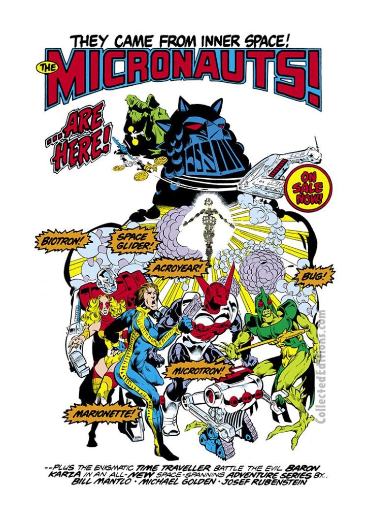 Micronauts #1 house ad; pencils and inks, Michael Golden; They came from Inner Space, Micronauts are here; on sale now