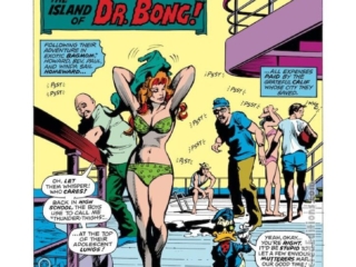 Howard the Duck #15, pg. 1; pencils, Gene Colan; inks, Klaus Janson; The Island of Dr. Bong, Beverly, Paul, Winda, splash page, Steve Gerber