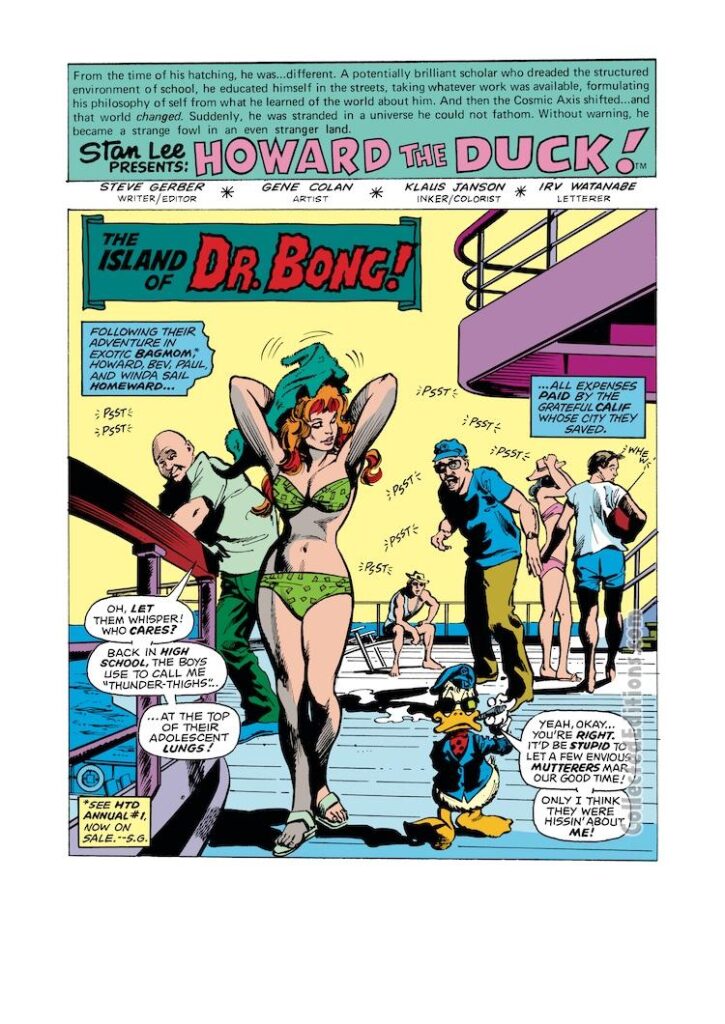 Howard the Duck #15, pg. 1; pencils, Gene Colan; inks, Klaus Janson; The Island of Dr. Bong, Beverly, Paul, Winda, splash page, Steve Gerber