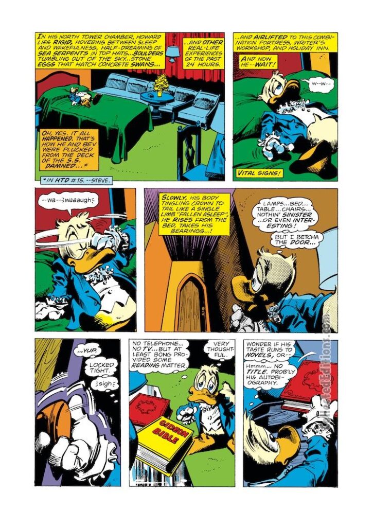 Howard the Duck #17, pg. 5; pencils, Gene Colan; inks, Klaus Janson; Gideon Bible, Waaaugh