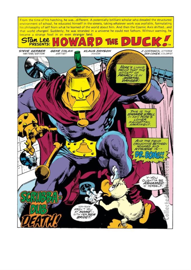 Howard the Duck #20, pg. 1; pencils, Gene Colan; inks, Klaus Janson; Scrubba-Dub-Death, Dr Doctor Bong; Steve Gerber