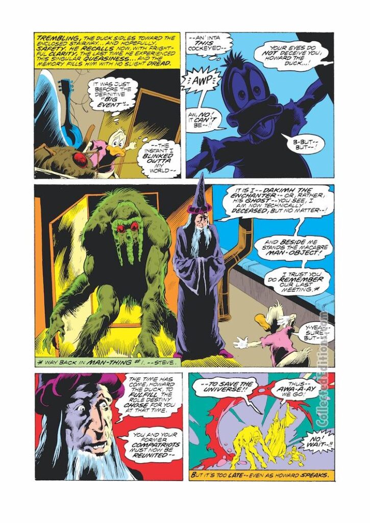 Howard the Duck #22, pg. 5; pencils, Val Mayerik; inks, Bill Wray; Dakimh the Enchanter, Man-Thing