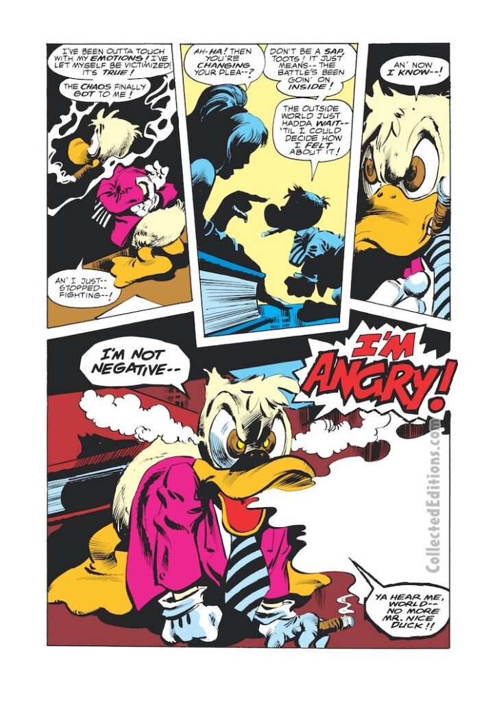 Howard the Duck #27, pg. 5; pencils, Gene Colan; inks, Klaus Janson; I'm not Negative, I'm Angry, Beverly