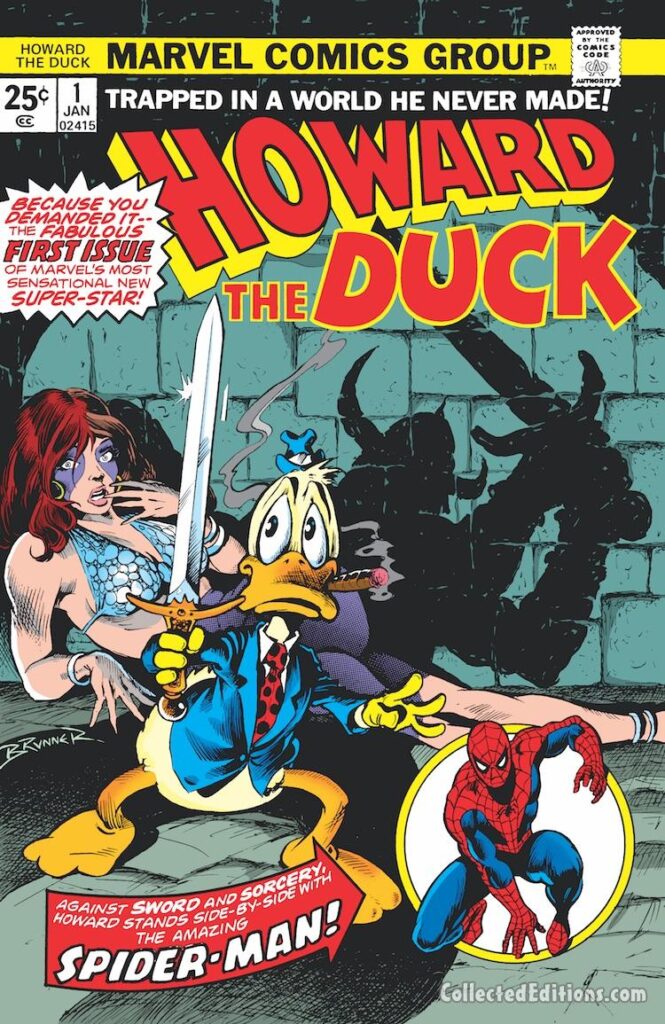 Howard the Duck #1 cover; pencils and inks, Frank Brunner; first issue, Beverly Switzler, Spider-Man, origin