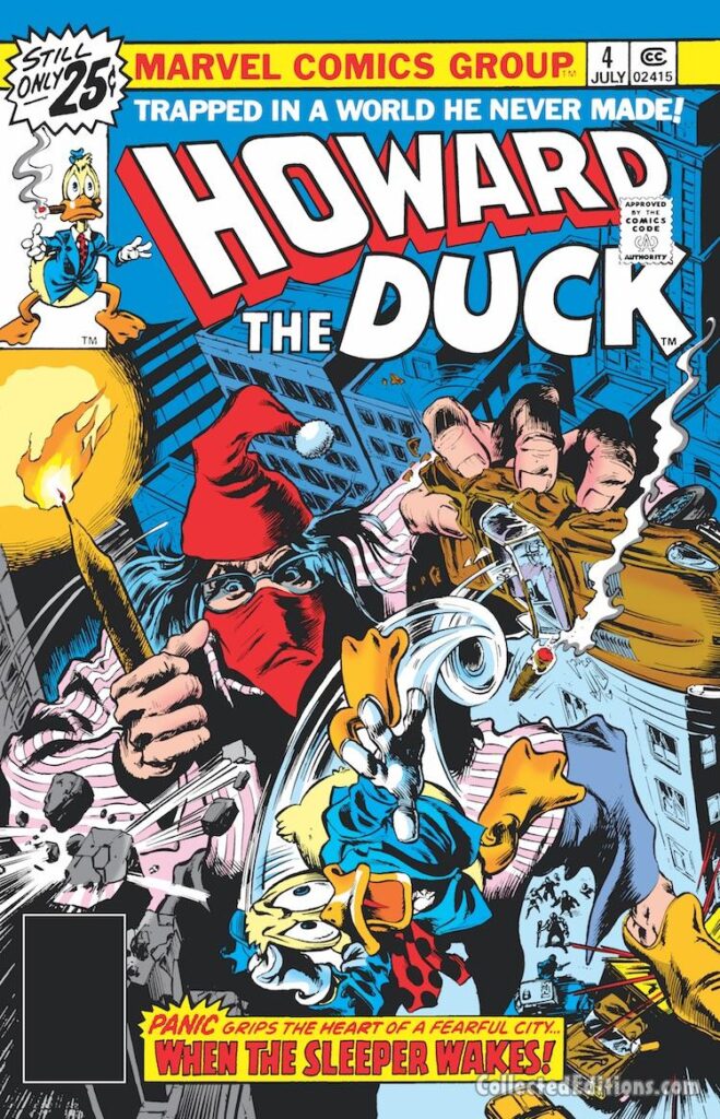 Howard the Duck #4 cover; pencils, Gene Colan; inks, Steve Leialoha; When the Sleeper Wakes, Marvel Donald Duck parody, Trapped in a World He Never Made