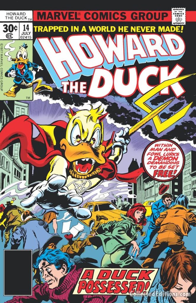 Howard the Duck #14 cover; pencils, Gene Colan; inks, Tom Palmer; A Duck Possessed, Daimon Hellstrom, Son of Satan parody, Beverly Switzler