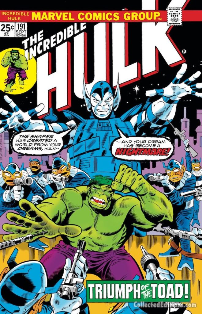 Incredible Hulk #191 cover; pencils, Herb Trimpe; inks, Dan Adkins; Shaper of Worlds