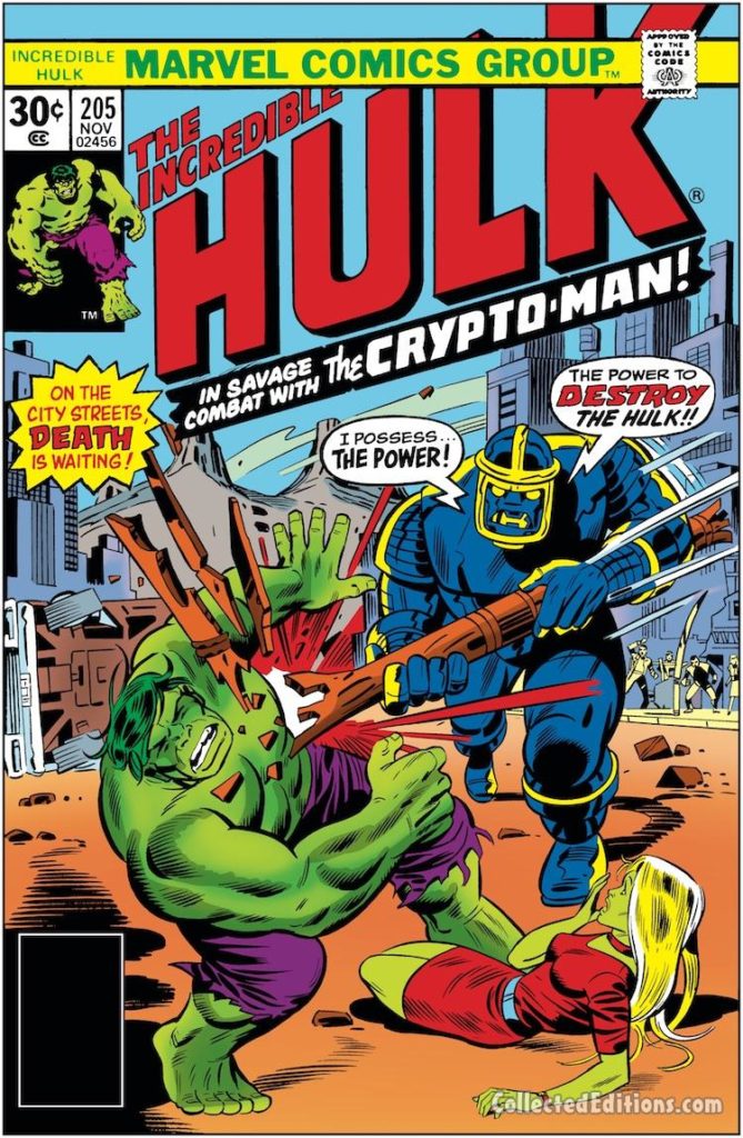 Incredible Hulk #205 cover; pencils, Herb Trimpe; inks, Dan Adkins; Crypto-Man