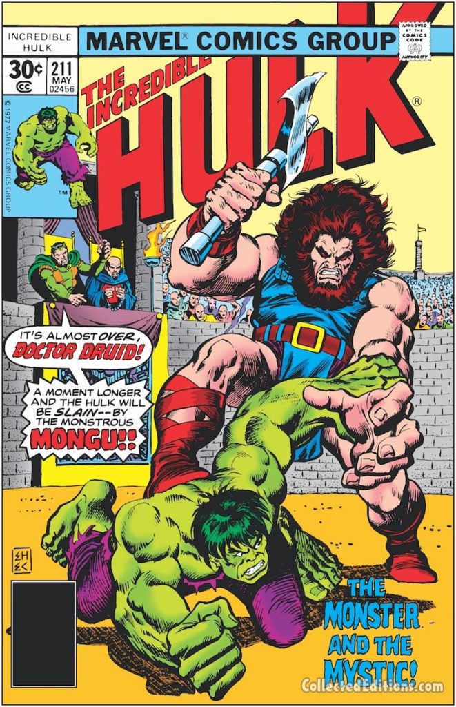 Incredible Hulk #211 cover; pencils, Ed Hannigan; inks, Ernie Chan; Doctor Druid/Mongu