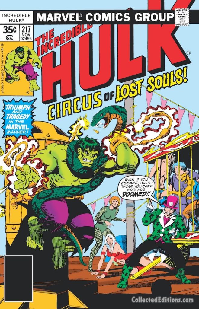 Incredible Hulk #217 cover; pencils and inks, Jim Starlin; Circus of Crime/The Ringmaster