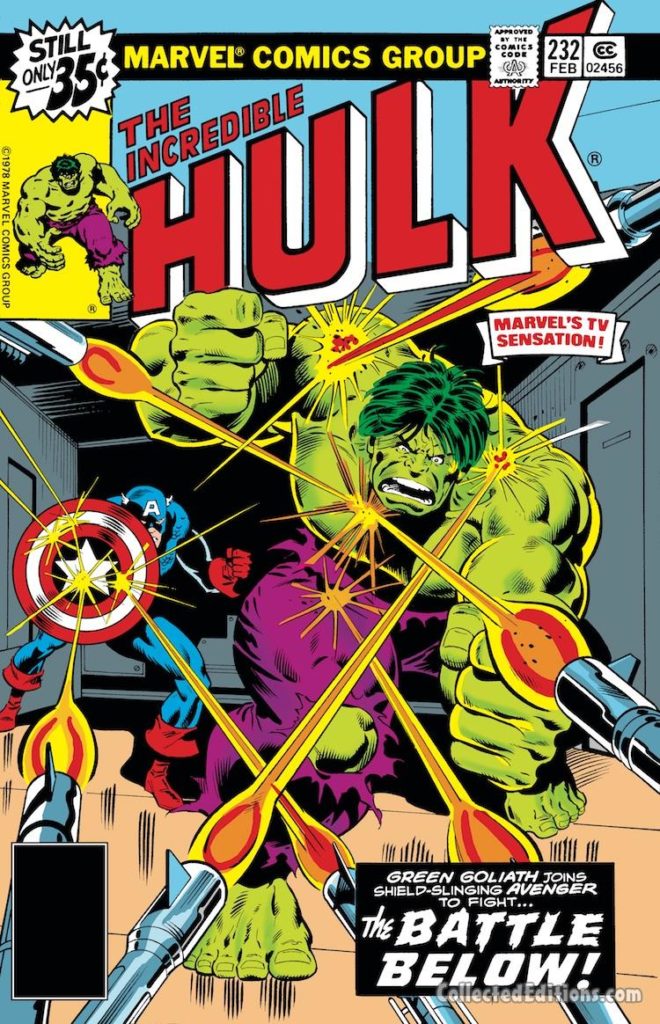 Incredible Hulk #232 cover; pencils and inks, Dan Adkins; Captain America
