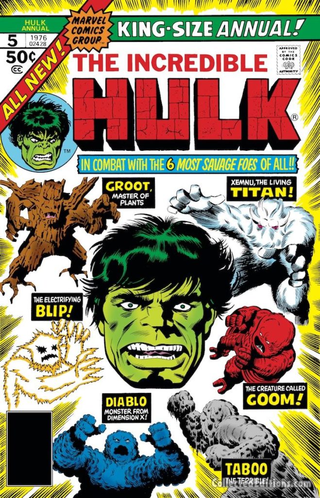Incredible Hulk Annual #5 cover; pencils, Jack Kirby, Goom, Titan, Xemnu, Groot, Blip, Diablo, Taboo, Atlas Era monsters