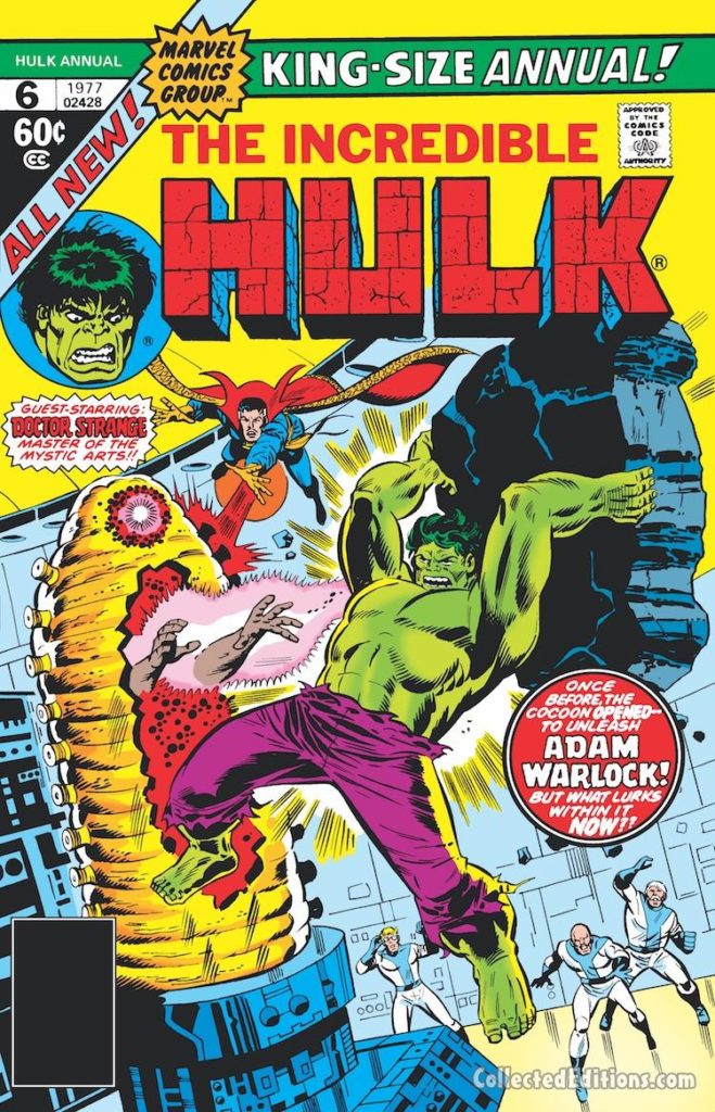 Incredible Hulk Annual #6 cover; pencils, Herb Trimpe; inks, Frank Giacoia; Adam Warlock/Doctor Strange