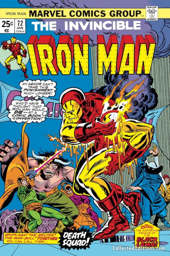 Iron Man #71 cover; pencils, Ron Wilson; Man-Bull/Black Lama/Whiplash/Melter/San Diego Comic-Con