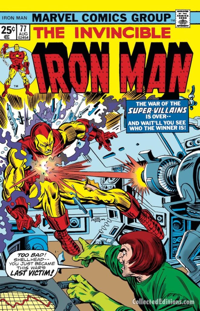 Iron Man #77 cover; pencils, Gil Kane; inks, Al Milgrom; War of the Super-Villains, Mad Thinker