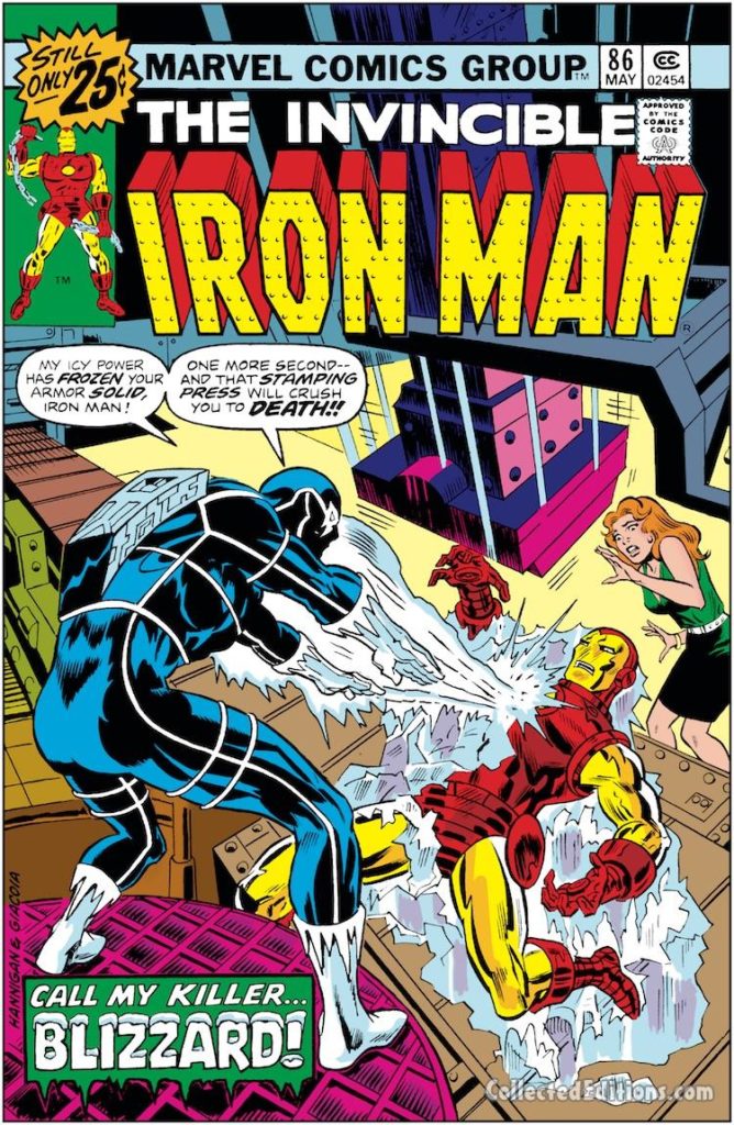 Iron Man #86 cover; pencils, Ed Hannigan; inks, Frank Giacoia, Blizzard