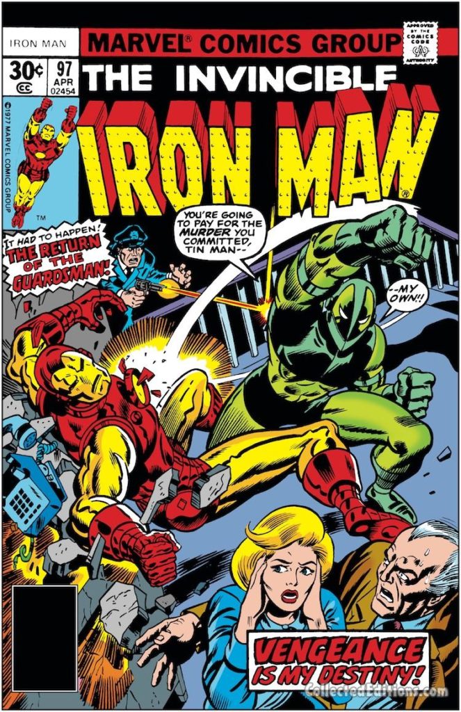 Iron Man #97 cover; pencils, uncredited; inks, Dan Adkins; The Guardsman