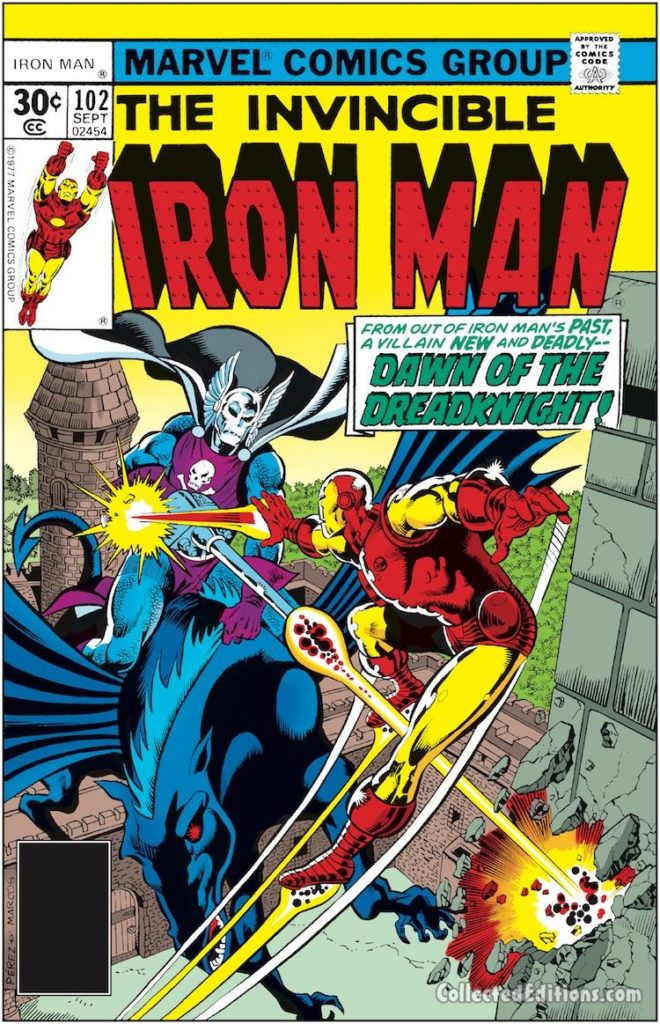 Iron Man #102 cover; pencils, George Pérez; inks, Pablo Marcos; The Dreadknight