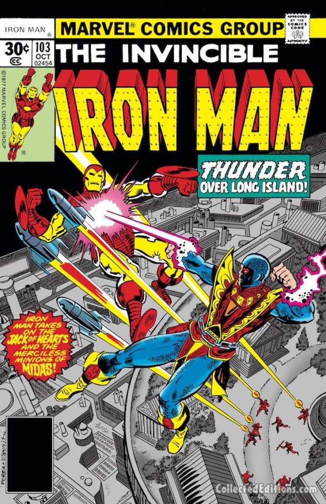 Iron Man #103 cover; pencils, George Pérez; inks, Mike Esposito; Jack of Hearts