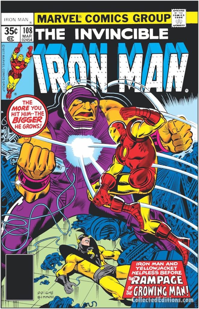 Iron Man #108 cover; pencils, Keith Pollard; inks, Joe Sinnott; The Growing Man