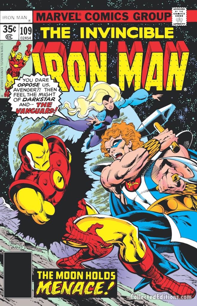 Iron Man #109 cover; pencils, John Byrne; inks, Terry Austin; Darkstar/Vanguard