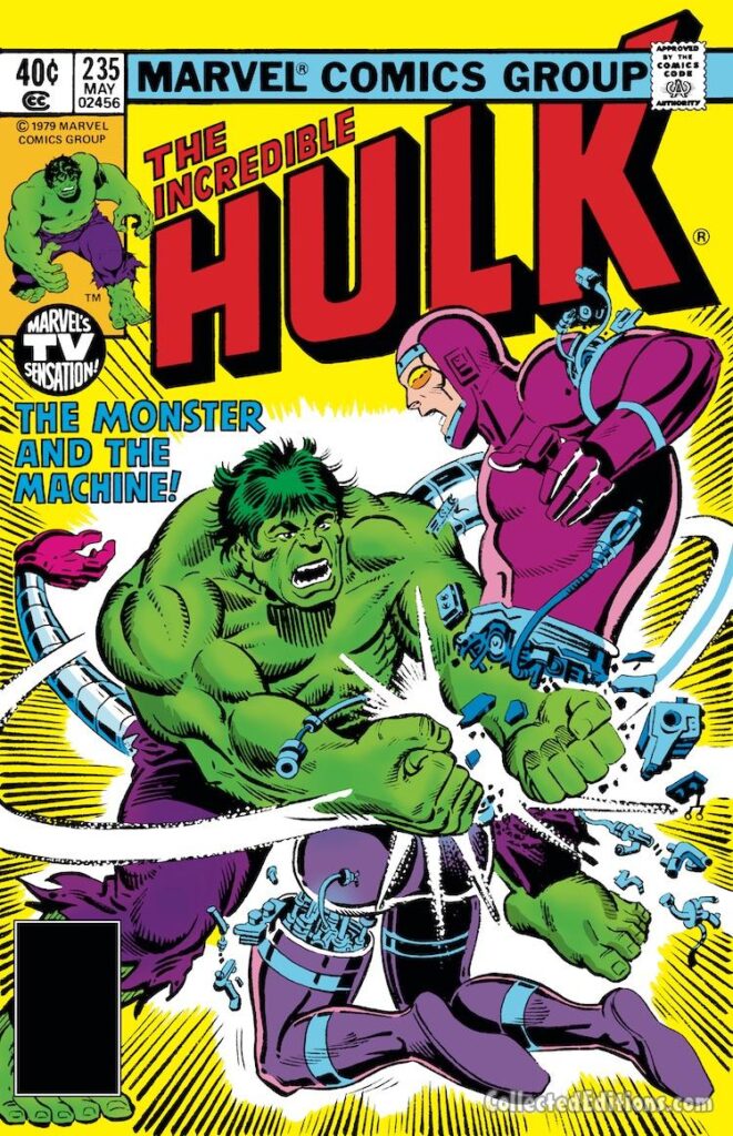 Incredible Hulk #235 cover; pencils, Al Milgrom; inks, Steve Ditko; Machine Man, Monster and Machine