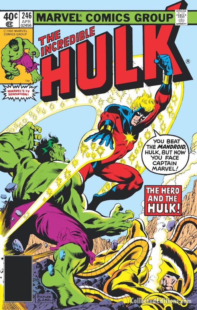 Incredible Hulk #246 cover; pencils, Rich Buckler; inks, Jack Abel; The Hero and the Hulk, Captain Marvel, Mar-Vell, Mandroid, Marvel's TV Sensation
