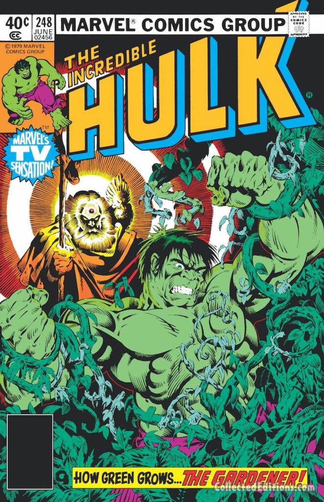 Incredible Hulk #248 cover; pencils and inks, Michael Golden; How Green Grows the Gardener, Elder of the Universe, Marvel's TV Sensation
