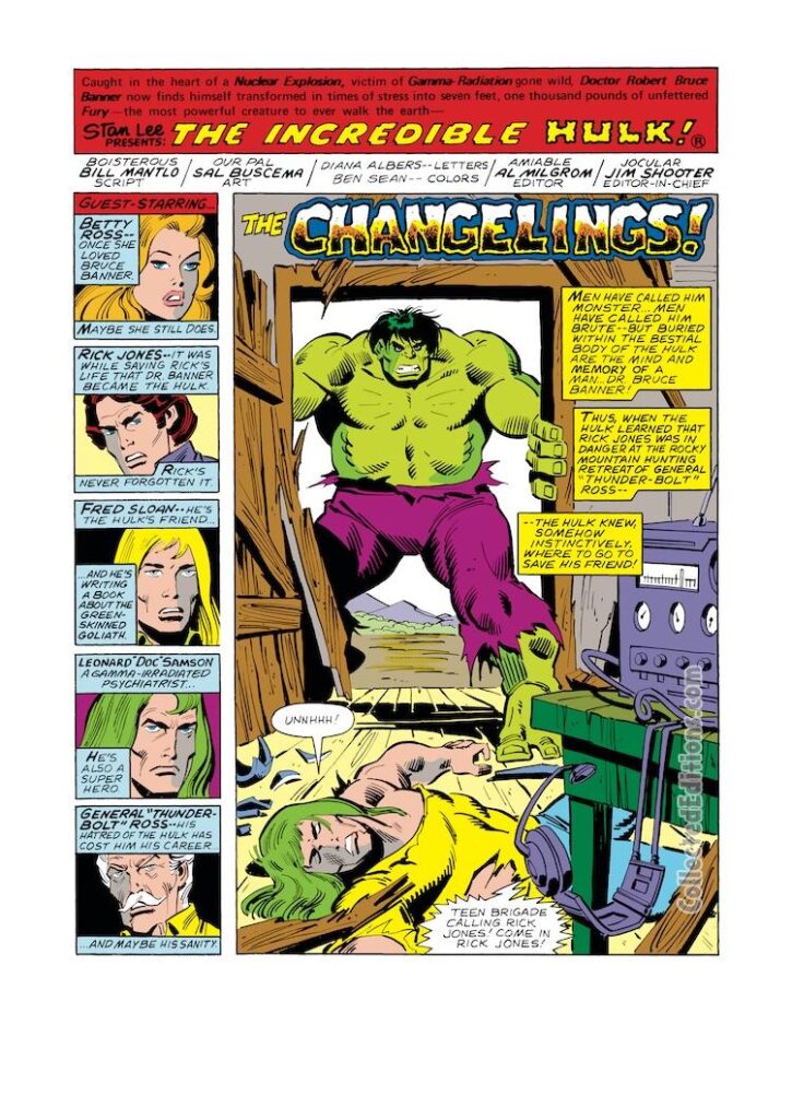 Incredible Hulk #252, pg. 1; pencils and inks, Sal Buscema; The Changelings, splash page, Bill Mantlo, writer, Betty Ross, Rick Jones, Fred Sloan, Doc Samson, Thunderbolt Ross