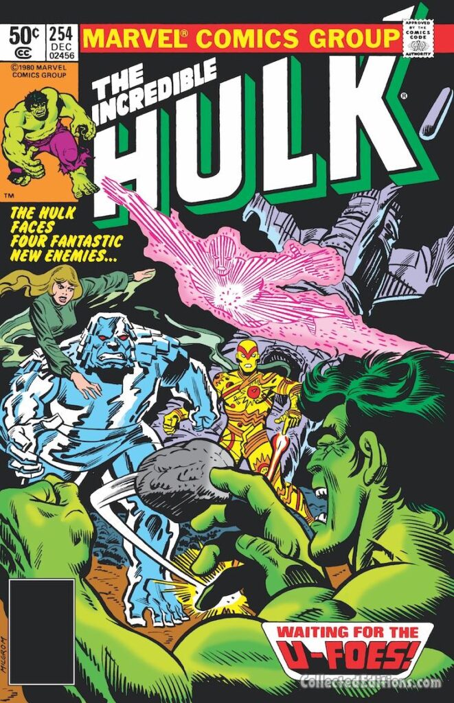 Incredible Hulk #254 cover; pencils and inks, Al Milgrom; Waiting for the U-Foes; X-Ray, Ironclad; Vector, Vapor