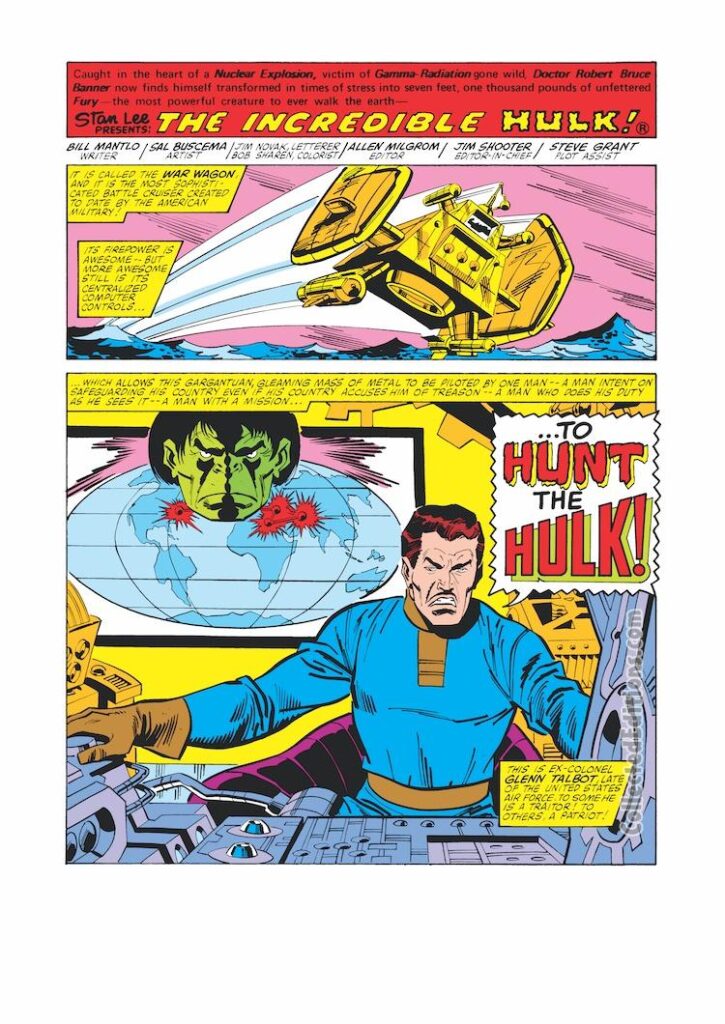 Incredible Hulk #258, pg. 1; pencils and inks, Sal Buscema; Bill Mantlo, writer, To Hunt the Hulk, Glenn Talbot