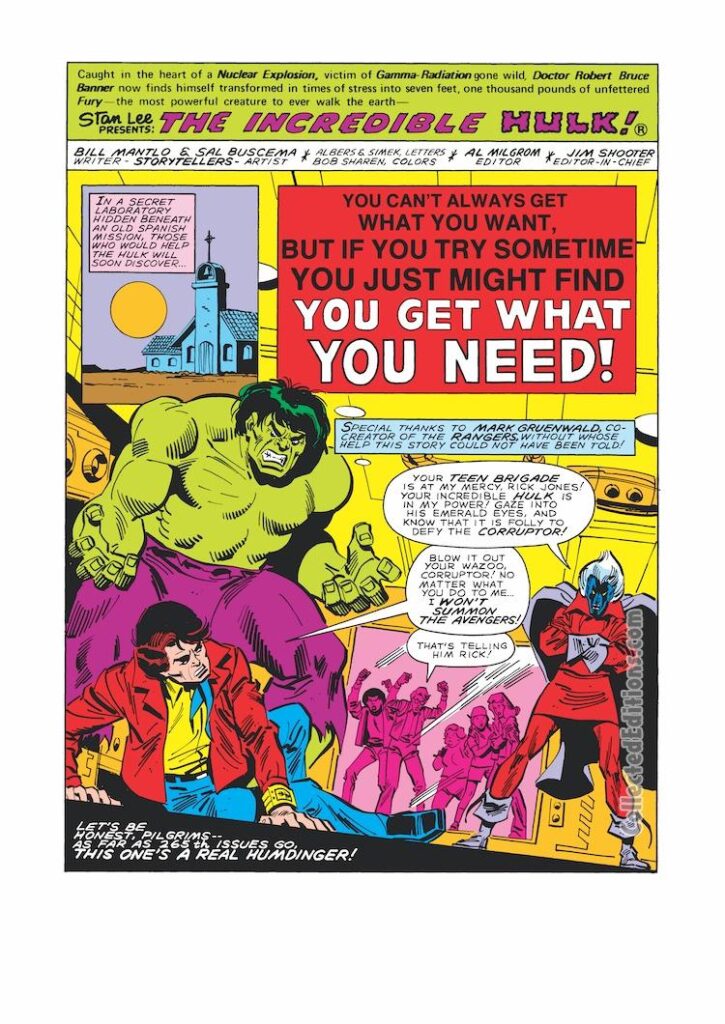 Incredible Hulk #265, pg. 1; pencils and inks, Sal Buscema; You Can’t Always Get What You Want, Rolling Stones, Bill Mantlo, Teen Brigade, Rick Jones, Corruptor